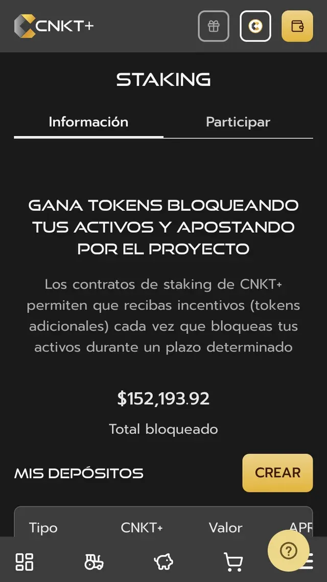 Módulo de staking de CNKT+ en el móvil