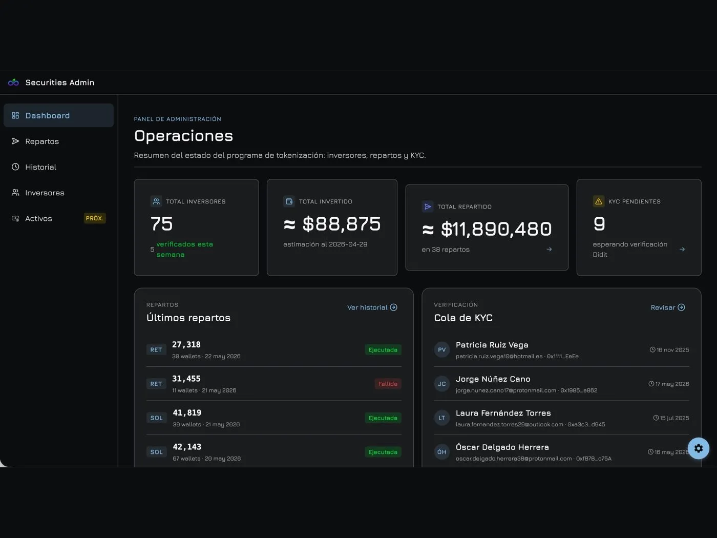 DApp Admin para el promotor con panel de operaciones, repartos, KYC e inversores