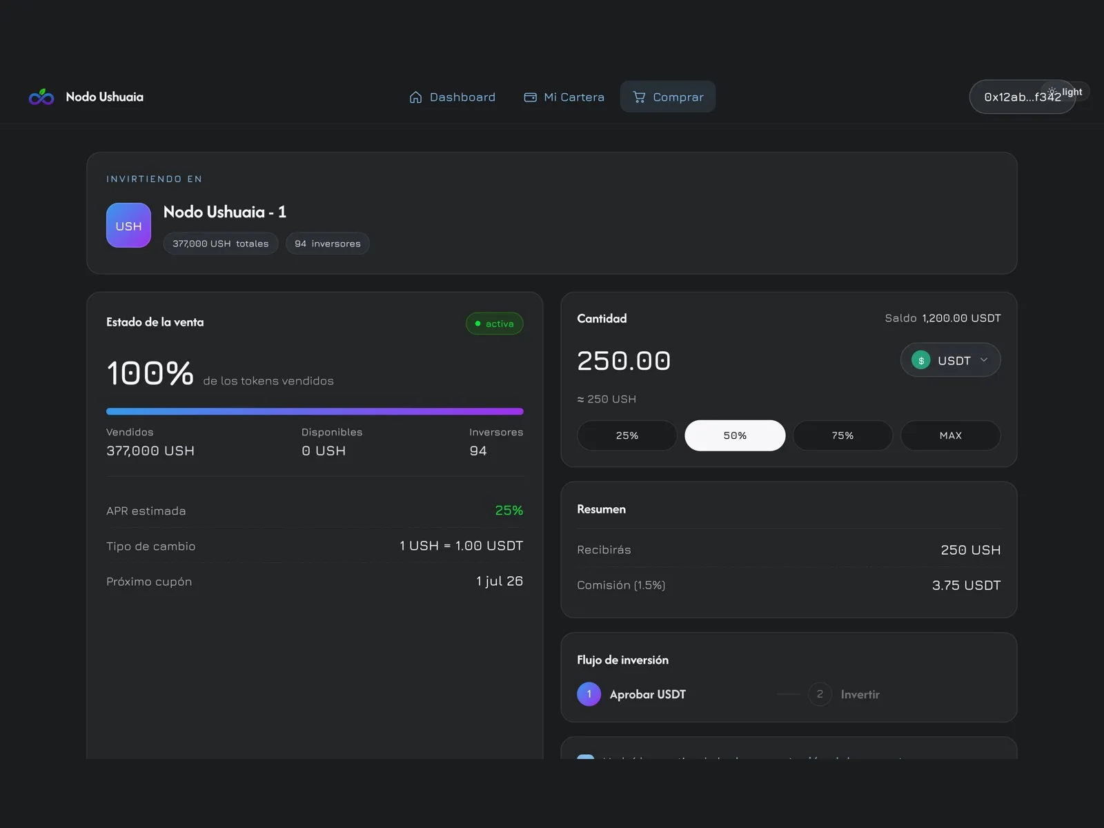 DApp Web3 mobile-first para inversores RWA con wallet, compra de tokens y reclamo de rentas