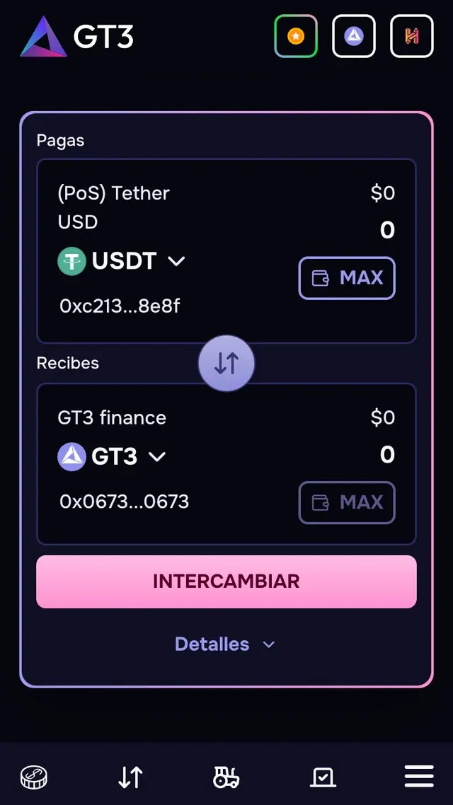 DApp de GT3 en móvil: intercambio de tokens
