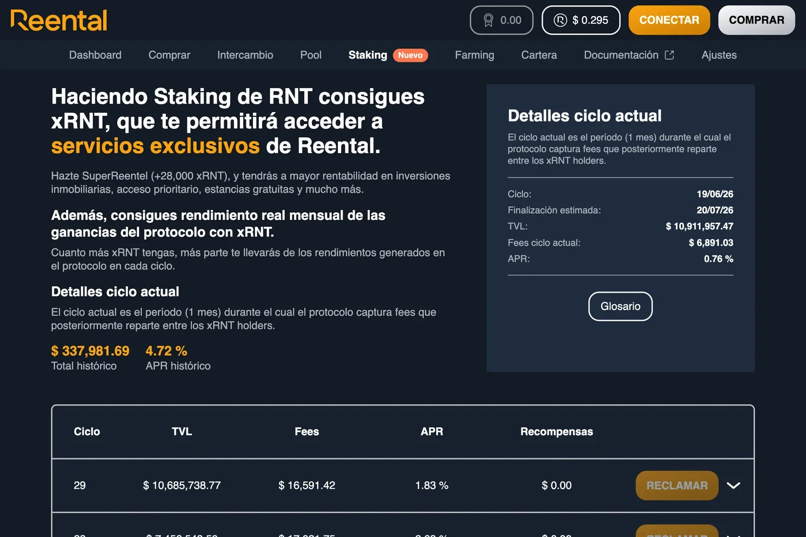 Staking del token RNT de Reental en escritorio