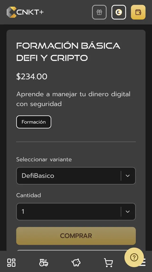 Ficha de producto (formación DeFi y cripto) de la tienda descentralizada de CNKT+ en el móvil