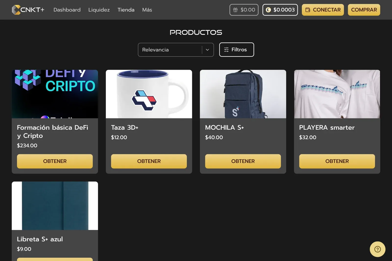 Catálogo de la tienda online descentralizada de CNKT+ en escritorio